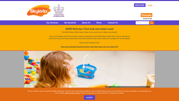 Screenshot of the Skylarks Charity website