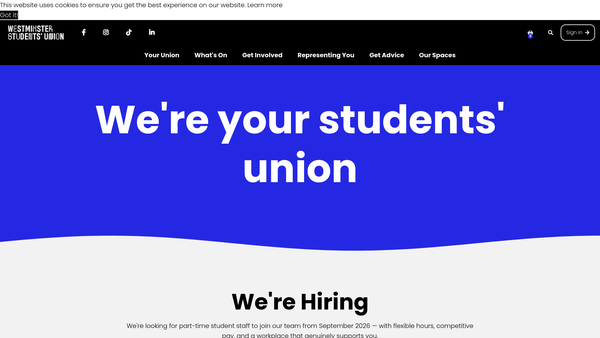 Screenshot of the University Of Westminster Students' Union website