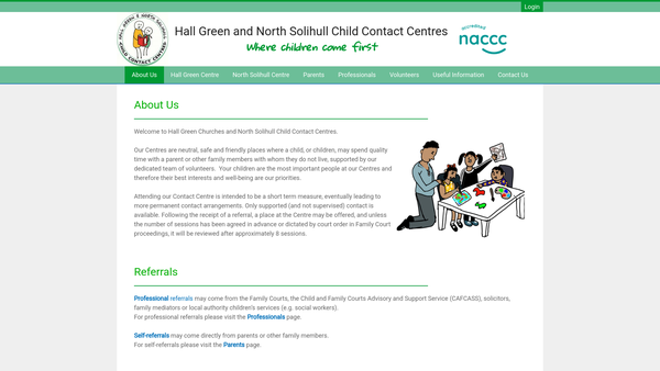 Screenshot of the Hall Green Churches Child Contact Centre website