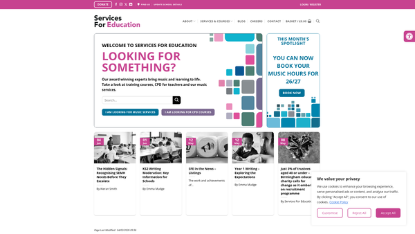 Screenshot of the Services For Education Limited website