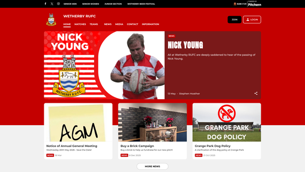 Screenshot of the Wetherby Rugby Union Football Club website