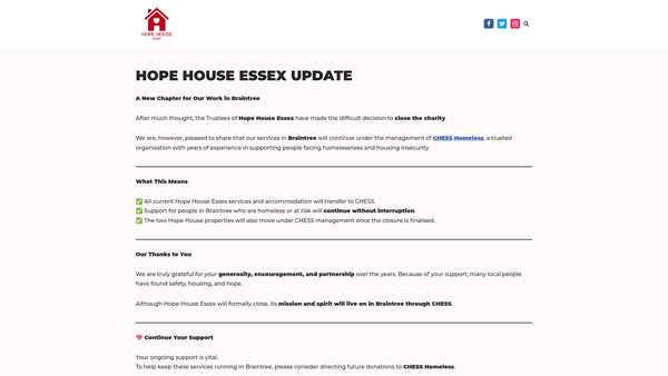 Screenshot of the Hope House Essex website