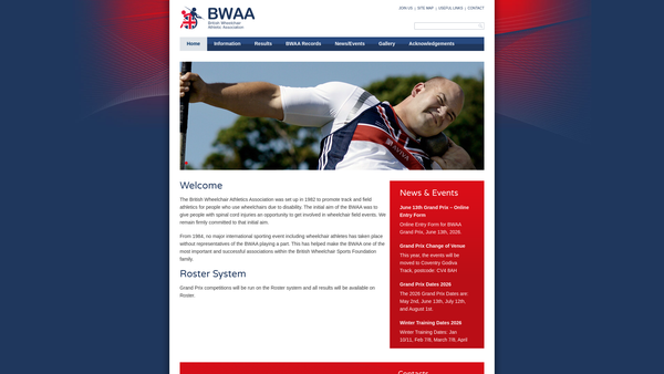 Screenshot of the British Wheelchair Athletics Association website