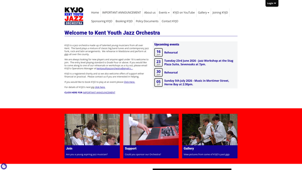 Screenshot of the Kent Youth Jazz Orchestra website