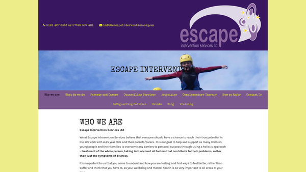 Screenshot of the Escape Intervention Services Ltd website