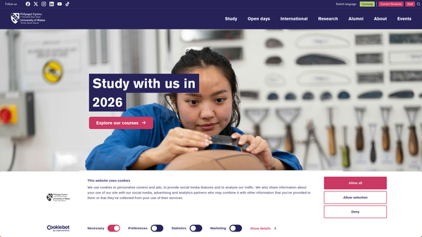Screenshot of the University Of Wales:trinity Saint David website