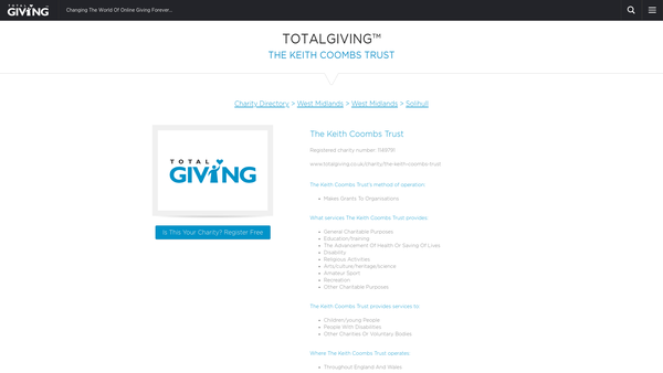 Screenshot of the The Keith and Celia Coombs Trust website