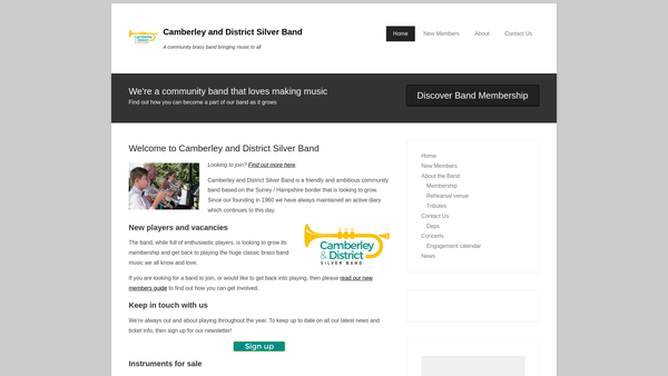 Screenshot of the Camberley And District Silver Band website