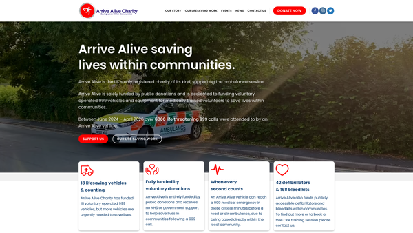 Screenshot of the Arrivealiveappeal Charity website