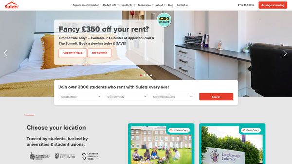 Screenshot of the Student Union Lettings Limited website
