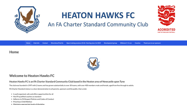 Screenshot of the Heaton Hawks Football Club website