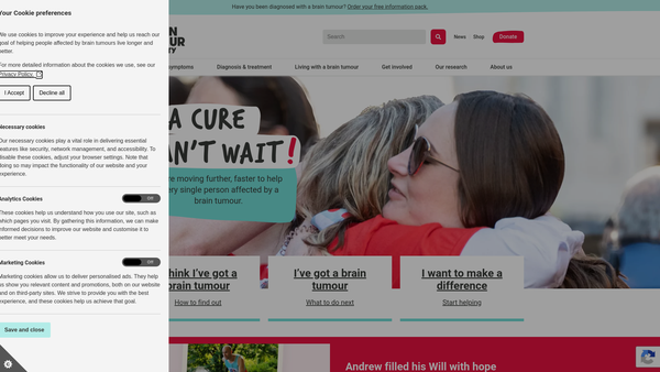 Screenshot of the The Brain Tumour Charity website