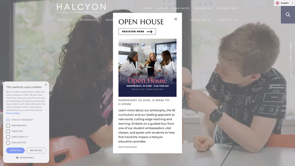 Screenshot of the Halcyon London International School website