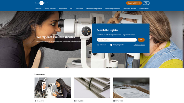 Screenshot of the General Optical Council website