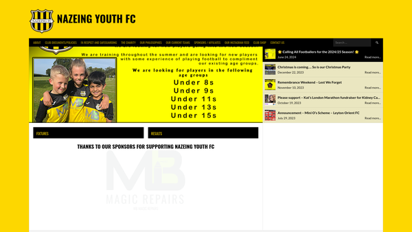 Screenshot of the Nazeing Youth Football Club website