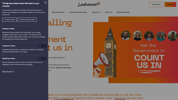 Screenshot of the Leukaemia UK Organisation Ltd website