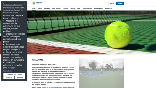 Screenshot of the Horley Lawn Tennis Club website