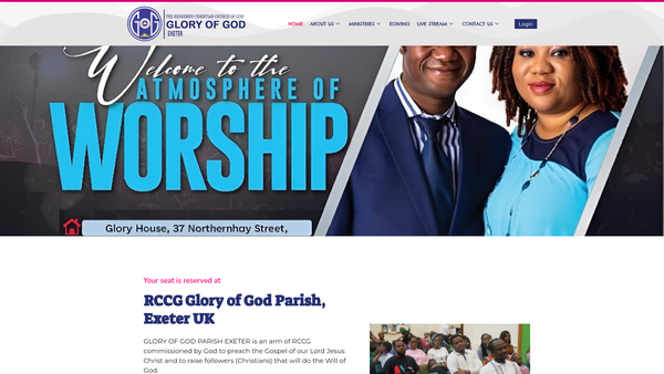 Screenshot of the Redeemed Christian Church Of God, Glory Of God Parish Exeter website