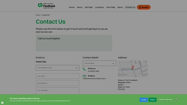 Screenshot of the Stoke-On-Trent Foodbank website