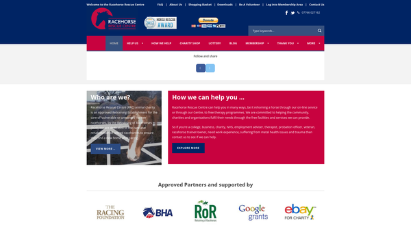Screenshot of the Racehorse Rescue Centre website