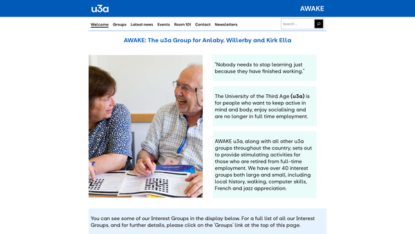 Screenshot of the Anlaby Willerby And Kirk Ella U3A website
