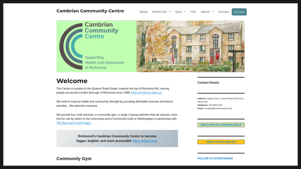 Screenshot of the Cambrian Community Centre website