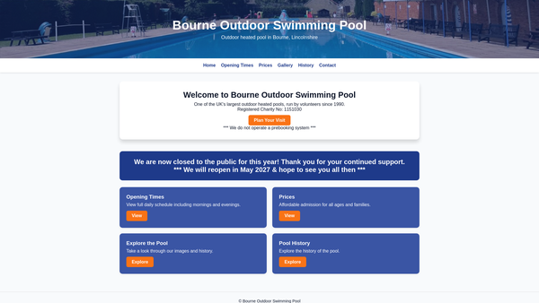 Screenshot of the Bourne Outdoor Swimming Pool website