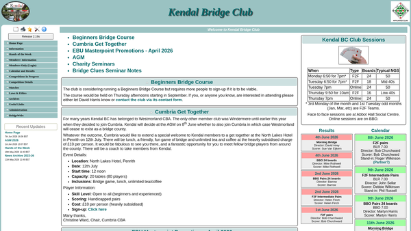 Screenshot of the Kendal Bridge Club website