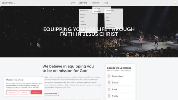 Screenshot of the Equippers Church Essex website