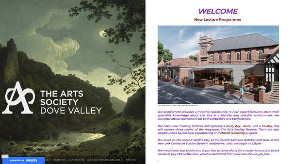 Screenshot of the The Arts Society Dove Valley website
