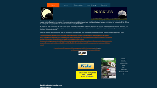 Screenshot of the Prickles Hedgehog Rescue website