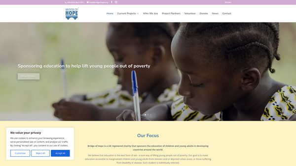 Screenshot of the Bridge Of Hope Foundation website