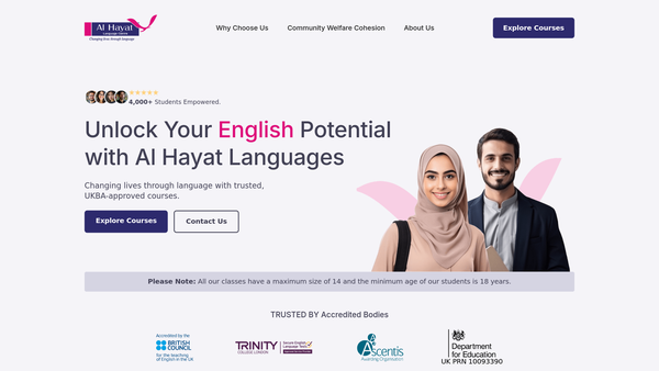 Screenshot of the Al Hayat Languages Limited website
