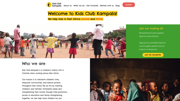 Screenshot of the Kids Club Kampala website