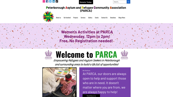 Screenshot of the Peterborough Asylum And Refugee Community Association (Parca) website