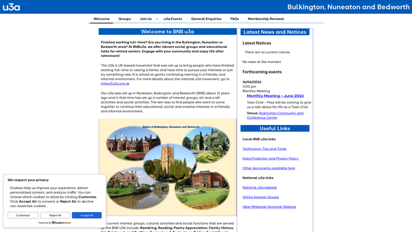 Screenshot of the Bulkington Nuneaton Bedworth U3A website