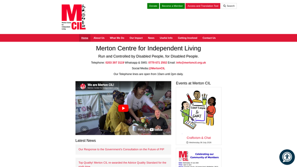 Screenshot of the Merton Centre For Independent Living website