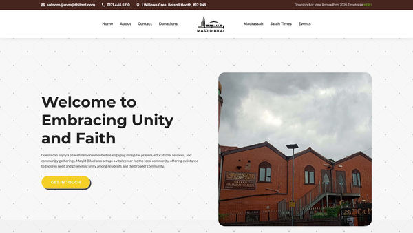 Screenshot of the Masjid Bilal Muddrasa Thalim Ul Quran And Community Centre website