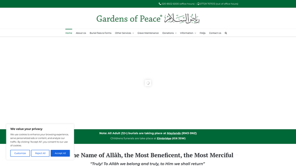 Screenshot of the Gardens Of Peace Muslim Cemetery website