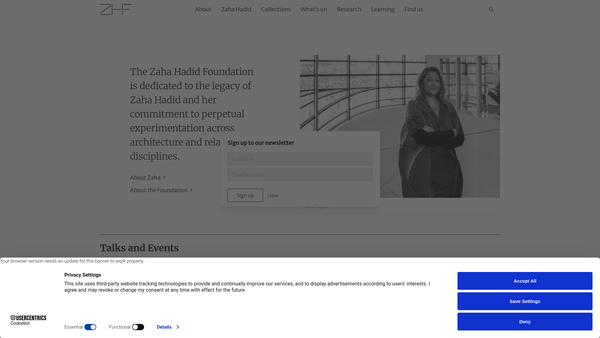 Screenshot of the The Zaha Hadid Foundation website