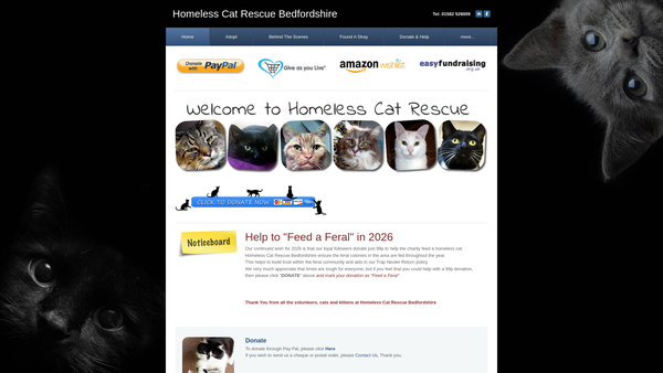 Screenshot of the Homeless Cat Rescue Bedfordshire website