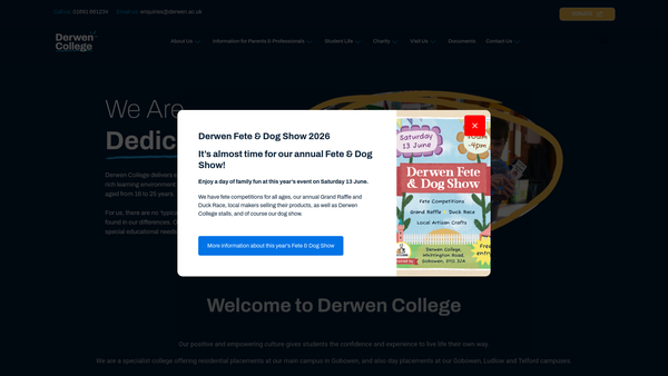 Screenshot of the Derwen College website
