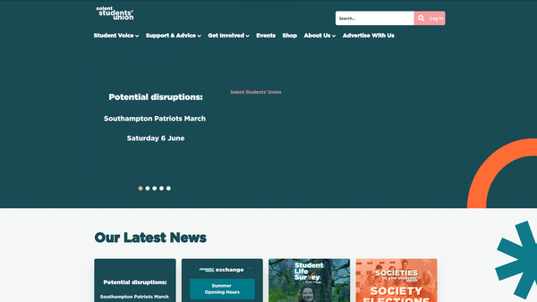 Screenshot of the Solent Students' Union website