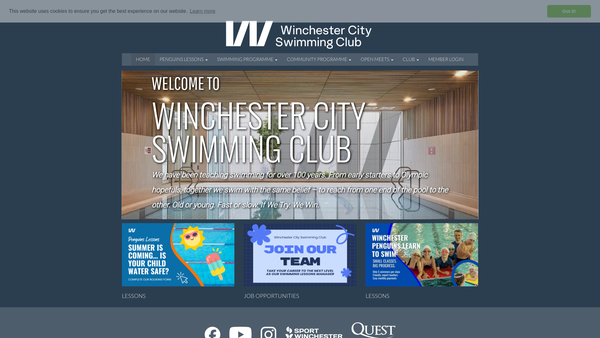 Screenshot of the Winchester City Penguins Swimming Club website