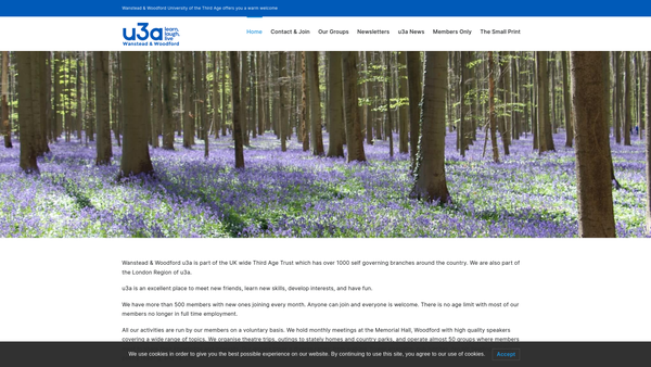 Screenshot of the Wanstead And Woodford University Of The Third Age (U3A) website