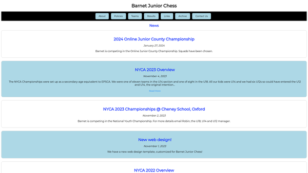 Screenshot of the Barnet Junior Chess Ltd website