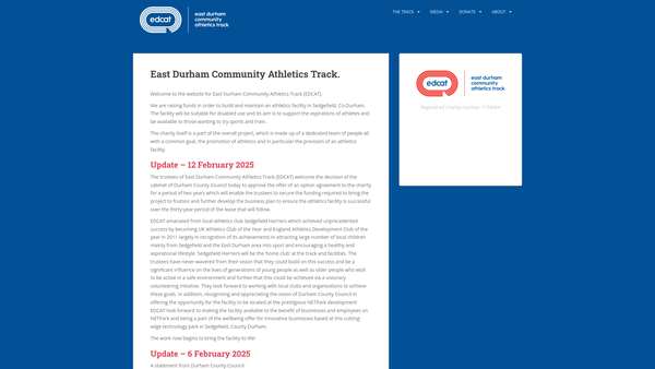 Screenshot of the East Durham Community Athletics Track website