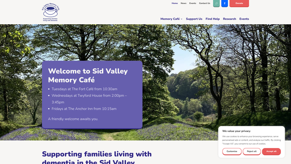 Screenshot of the The Sid Valley Memory Cafe website