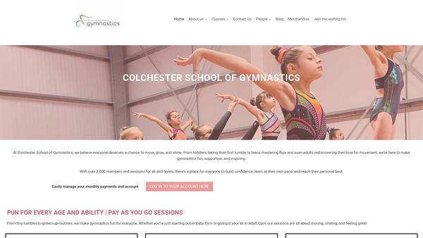 Screenshot of the Colchester School Of Gymnastics website