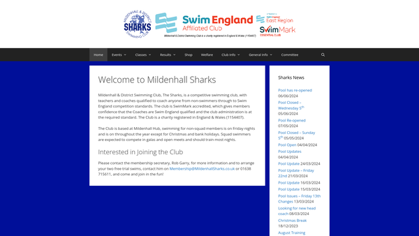 Screenshot of the Mildenhall & District Swimming Club website